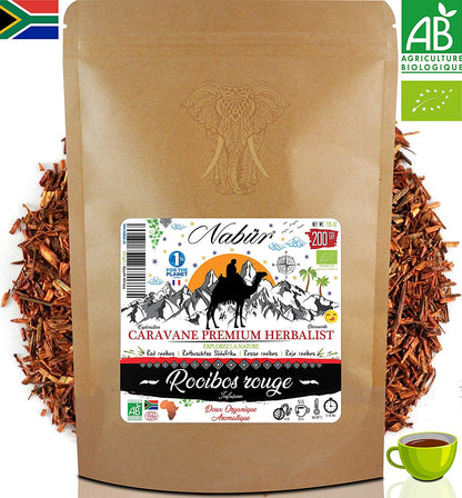 Thé rouge Rooibos BIO 200Gr ⭐ Nabür ⭐ Roibos Riche, Doux, Relaxant, Certifié BIO Ecocert ⭐ Afrique du Sud, 0% Théine/Caféine