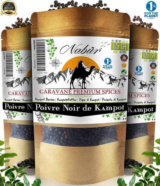 Poivre Noir de Kampot 105 Gr ⭐ Nabür - Poivre du Cambodge, Récolte 2019 ⭐ Agriculture sans Pesticides 🌴 IGP, 0% OGM, Authentique