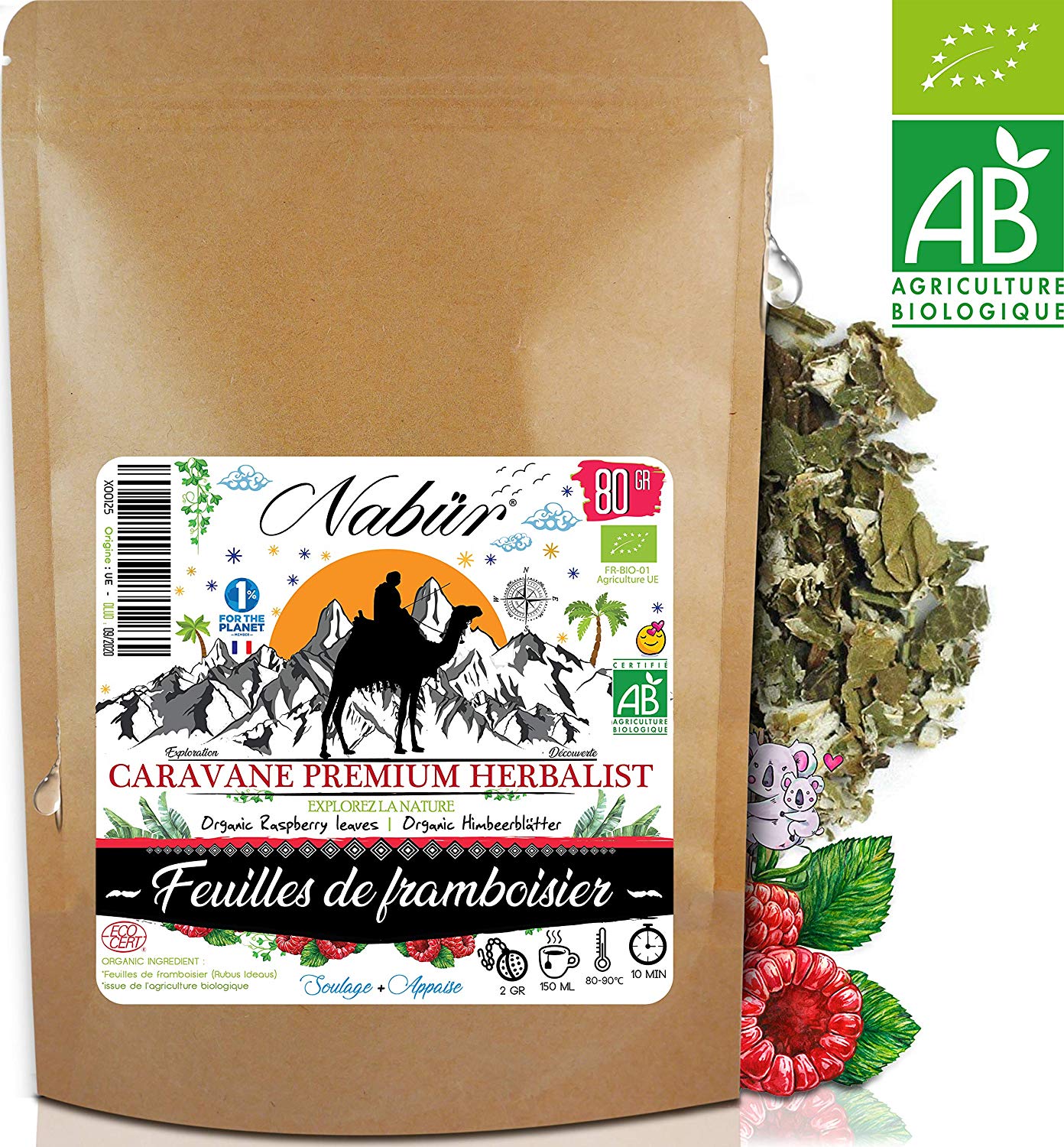 Tisane Feuilles de Framboisier BIO 80Gr ⭐ NABÜR ⭐ Tisane Super-Maman, Accompagne la Grossesse 🌿 Soulage la nausée et règles 🌿 Soutiens l'accouchement et contractions