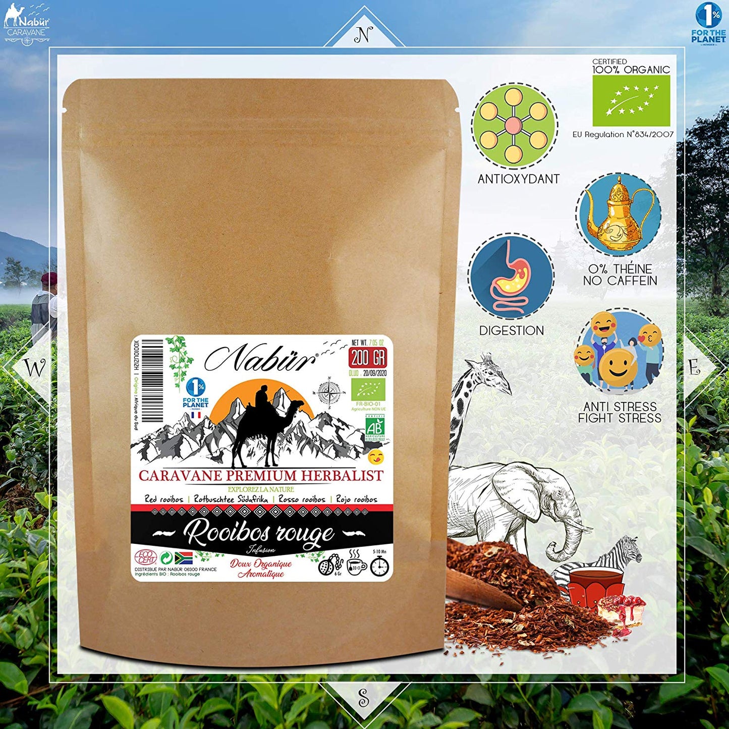 Thé rouge Rooibos BIO 200Gr ⭐ Nabür ⭐ Roibos Riche, Doux, Relaxant, Certifié BIO Ecocert ⭐ Afrique du Sud, 0% Théine/Caféine